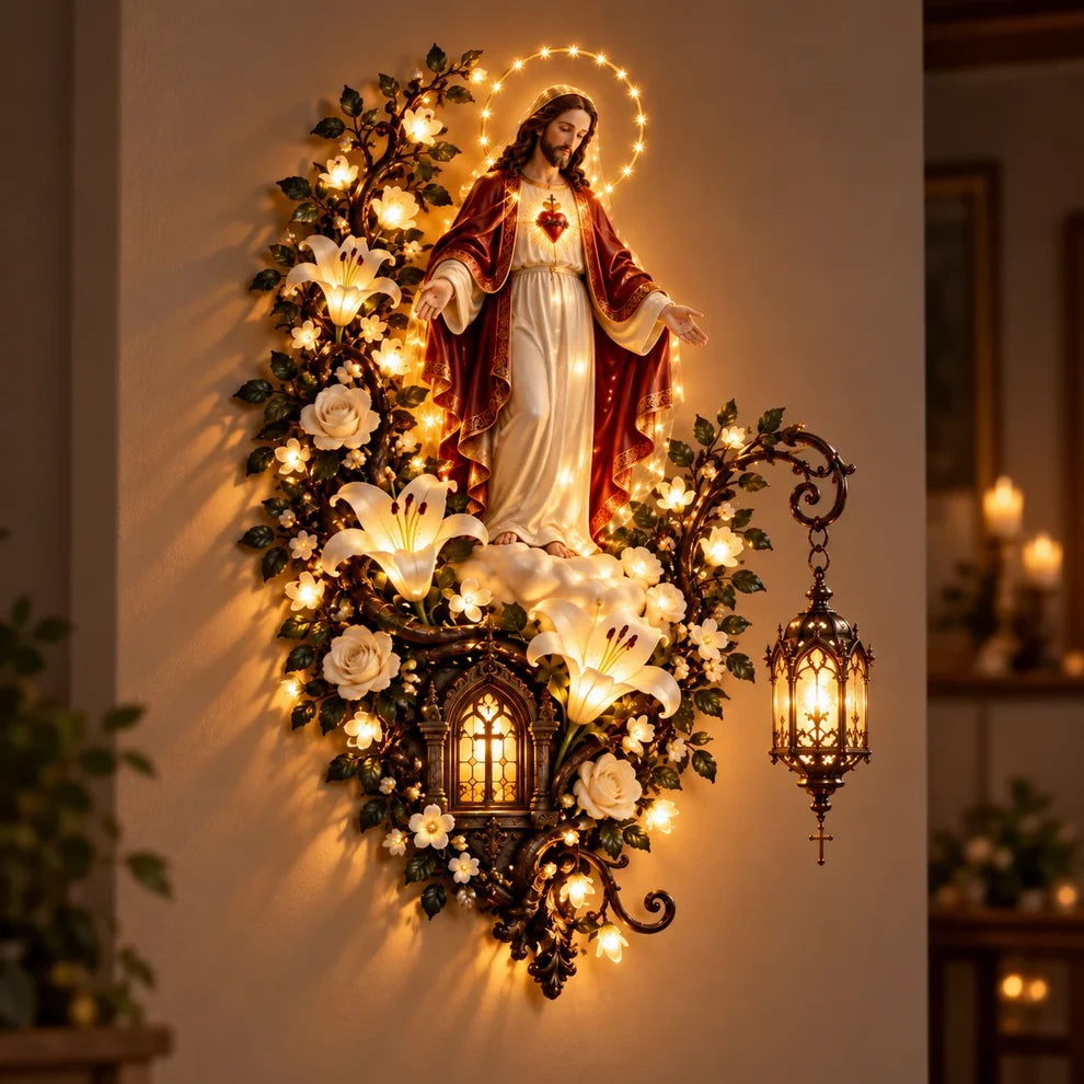 🙏✨ Glowing Blessed Mother Floral Wall Décor