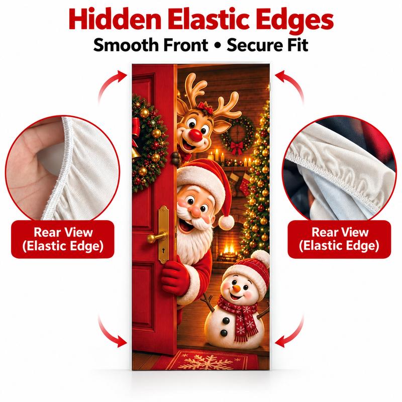 Christmas Door Cover - Santa & Reindeer Stretch Fabric Door Banner with 4-Side Elastic Edges