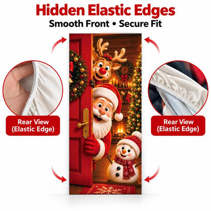 Christmas Door Cover - Santa & Reindeer Stretch Fabric Door Banner with 4-Side Elastic Edges