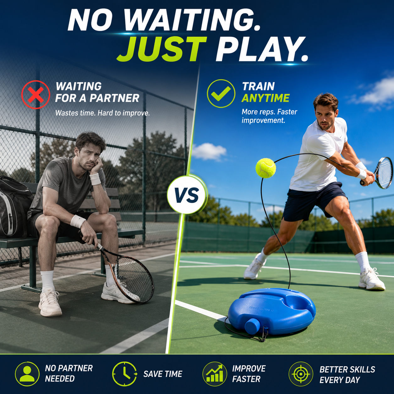 🎾 Solo Tennis Trainer Rebound Set – Practice Anytime, No Partner Needed，3 Balls