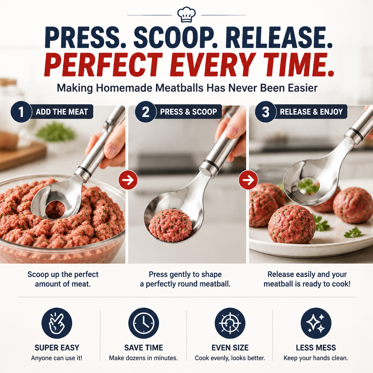 🍝2-Pack Stainless Steel Meatball Maker Spoon – Make Perfect Meatballs Without Messy Hands🌟