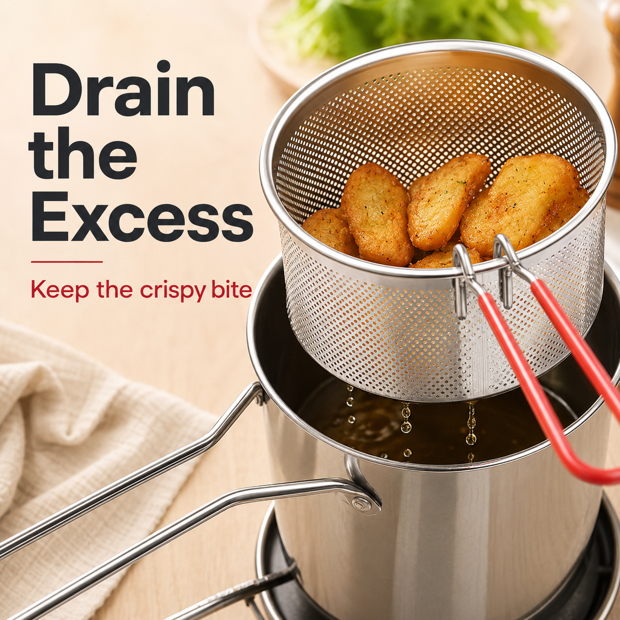 🏅🍟Personal Mini Deep Fryer Set – Stainless Steel Pot with Lift-Out Draining Basket & Food Tongs