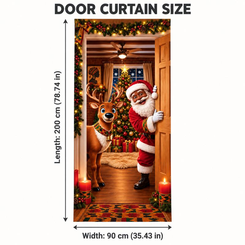 Christmas Door Cover - Santa & Reindeer Stretch Fabric Door Banner with 4-Side Elastic Edges