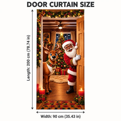Christmas Door Cover - Santa & Reindeer Stretch Fabric Door Banner with 4-Side Elastic Edges