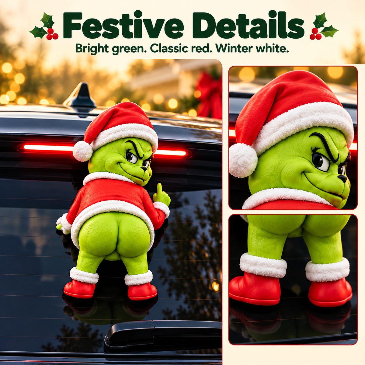 Close-up of the Christmas character ornament showing its red Santa outfit and green details