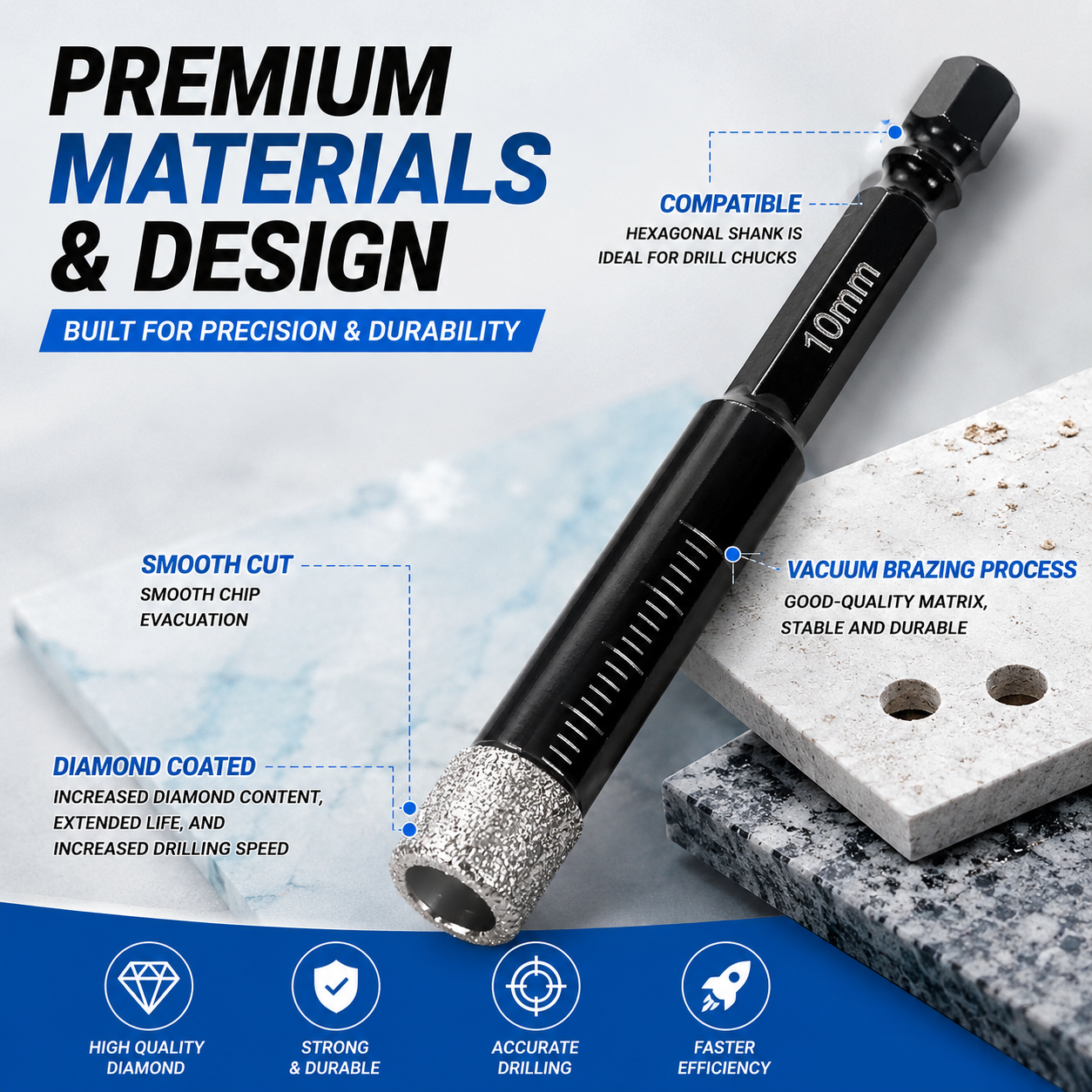 6 Pcs Diamond Drill Bits Set, 1/4 5/6 3/8 1/2 Inch Brazed Diamond Drill Bits for Precision Drilling in Tile Ceramic Glass Granite Marble Masonry
