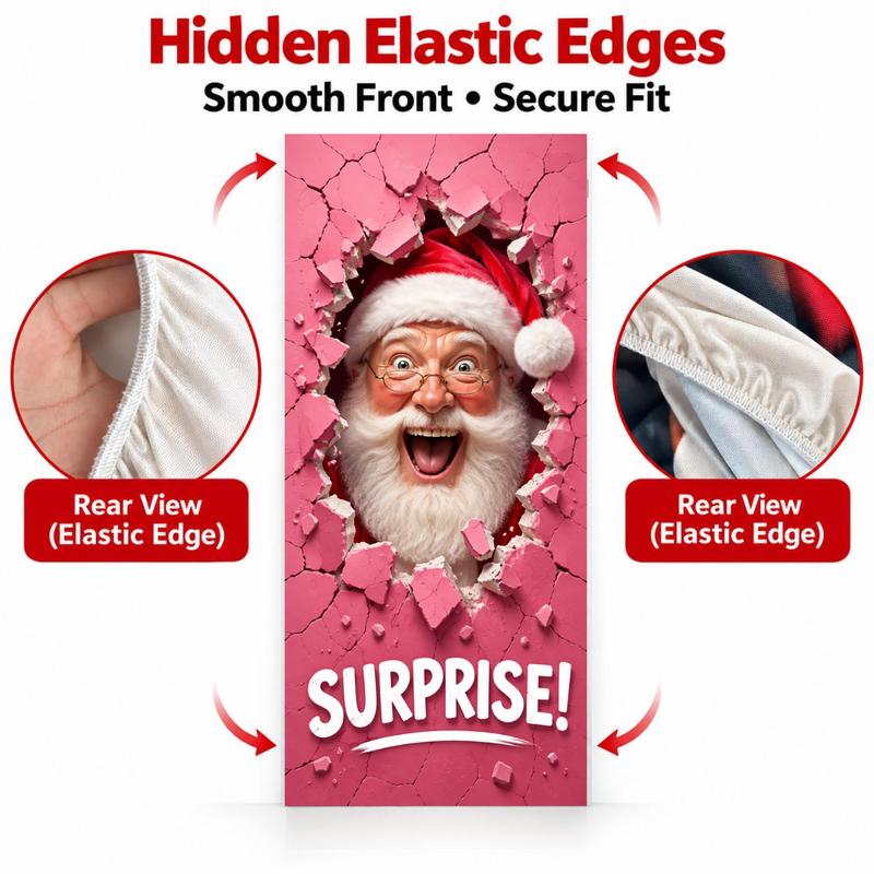 Christmas Door Cover - Santa & Reindeer Stretch Fabric Door Banner with 4-Side Elastic Edges
