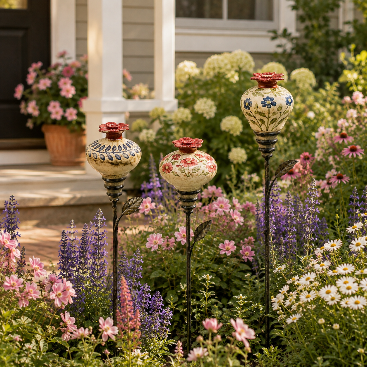 Three vintage ceramic hummingbird feeder stakes styled among flowers