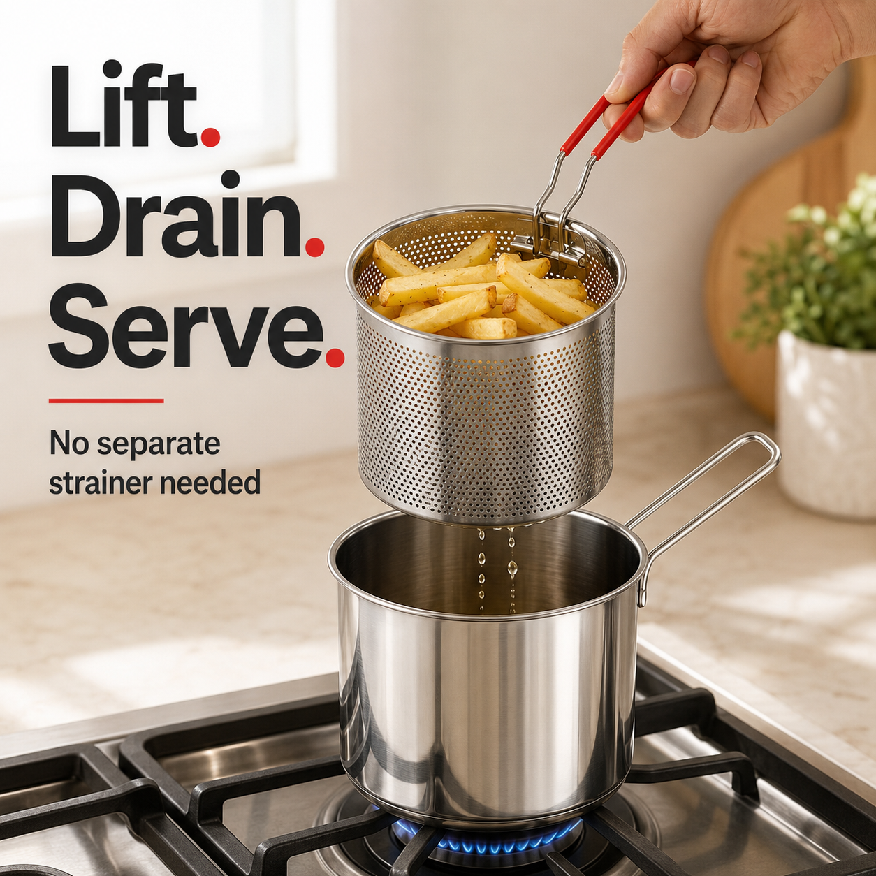 🍟 Personal Mini Deep Fryer Set – Stainless Steel Pot with Lift-Out Basket & Food Tongs