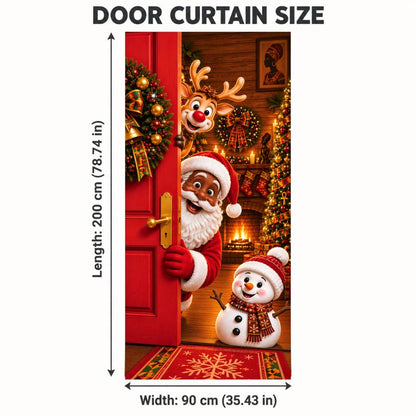 Christmas Door Cover - Santa & Reindeer Stretch Fabric Door Banner with 4-Side Elastic Edges