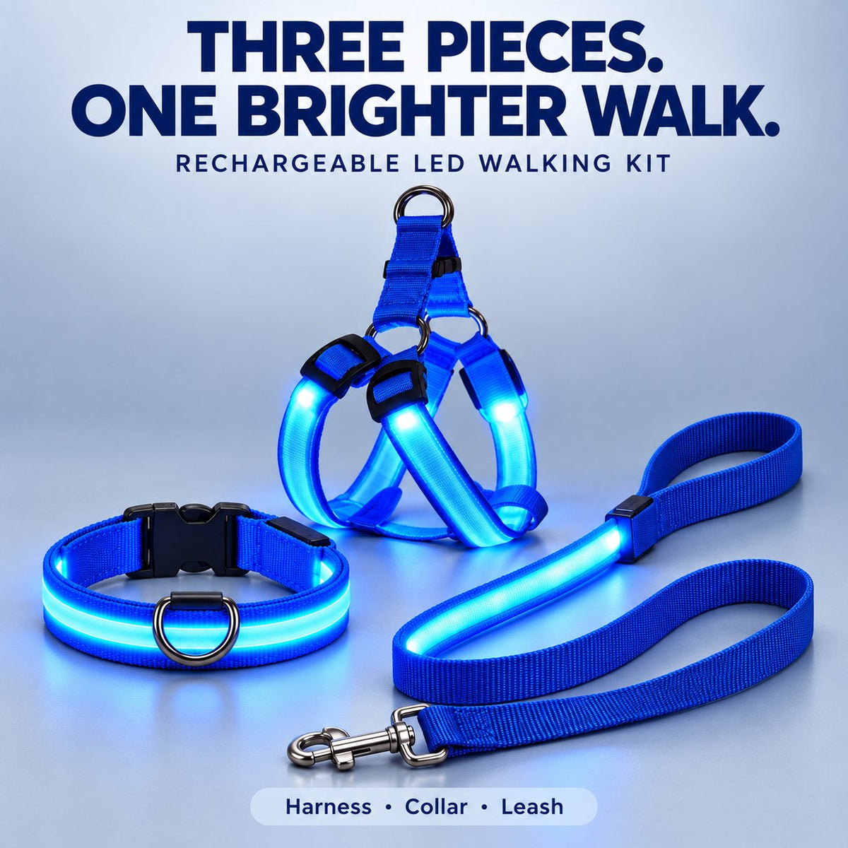 🐕 3-Piece Rechargeable LED Dog Walking Kit ✨ Light-Up Harness, Collar & Leash for Safer Night Walks