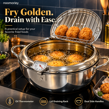 🍗 Deep Frying Pot with Thermometer & Lid Draining Rack – Dual-Handle Frying, Stir-Frying & Boiling Pot