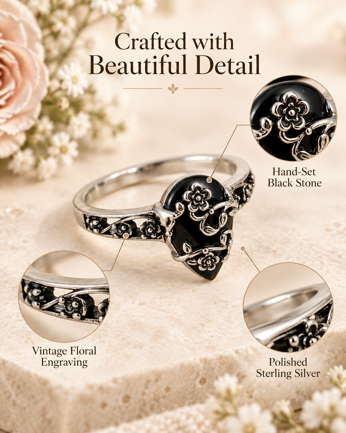 Vintage Floral Black Teardrop Ring