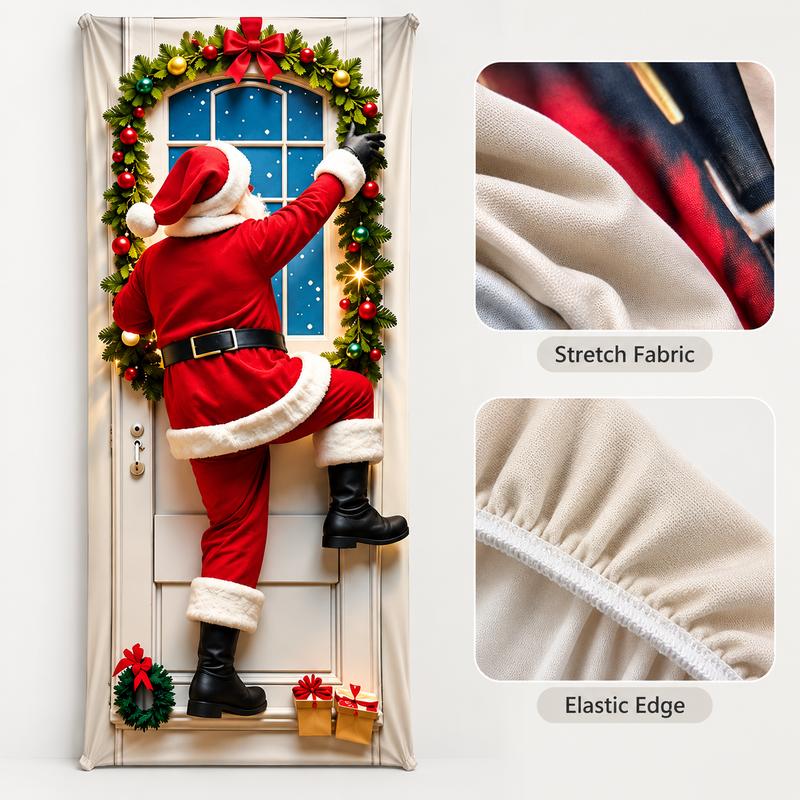 Christmas Door Cover - Santa & Reindeer Stretch Fabric Door Banner with 4-Side Elastic Edges