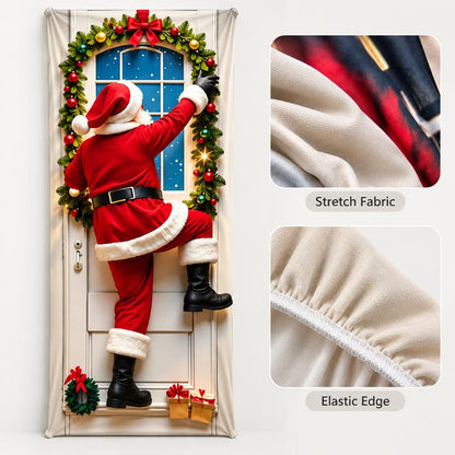 Christmas Door Cover - Santa & Reindeer Stretch Fabric Door Banner with 4-Side Elastic Edges