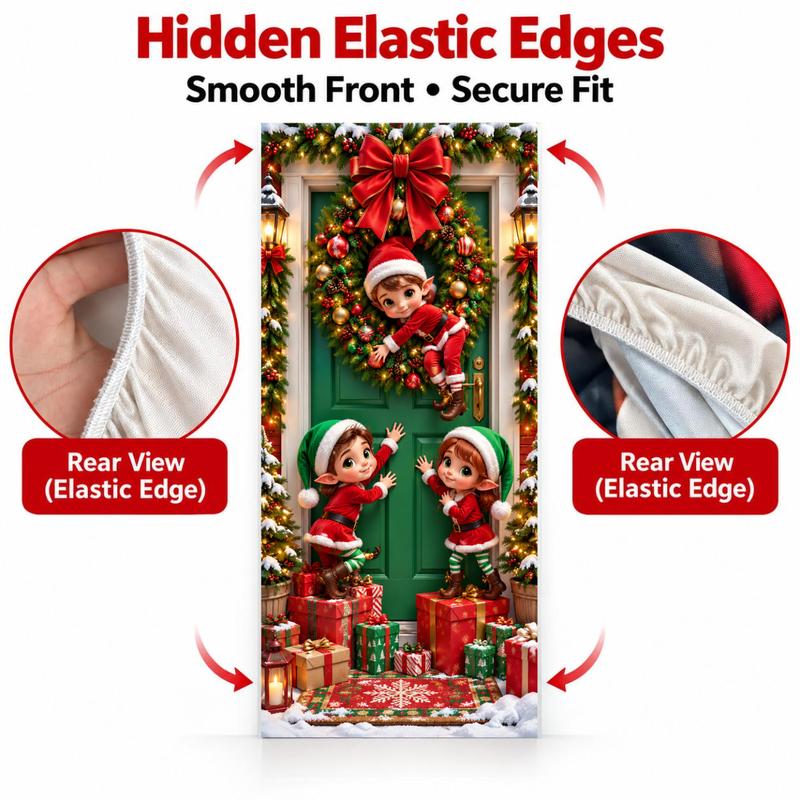 Christmas Door Cover - Santa & Reindeer Stretch Fabric Door Banner with 4-Side Elastic Edges