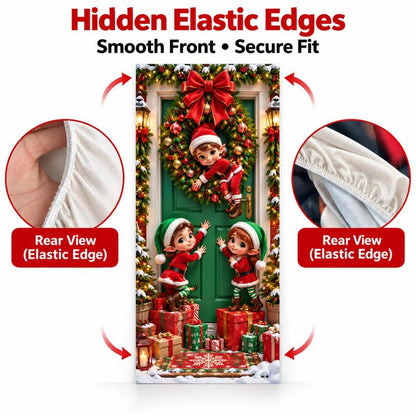 Christmas Door Cover - Santa & Reindeer Stretch Fabric Door Banner with 4-Side Elastic Edges