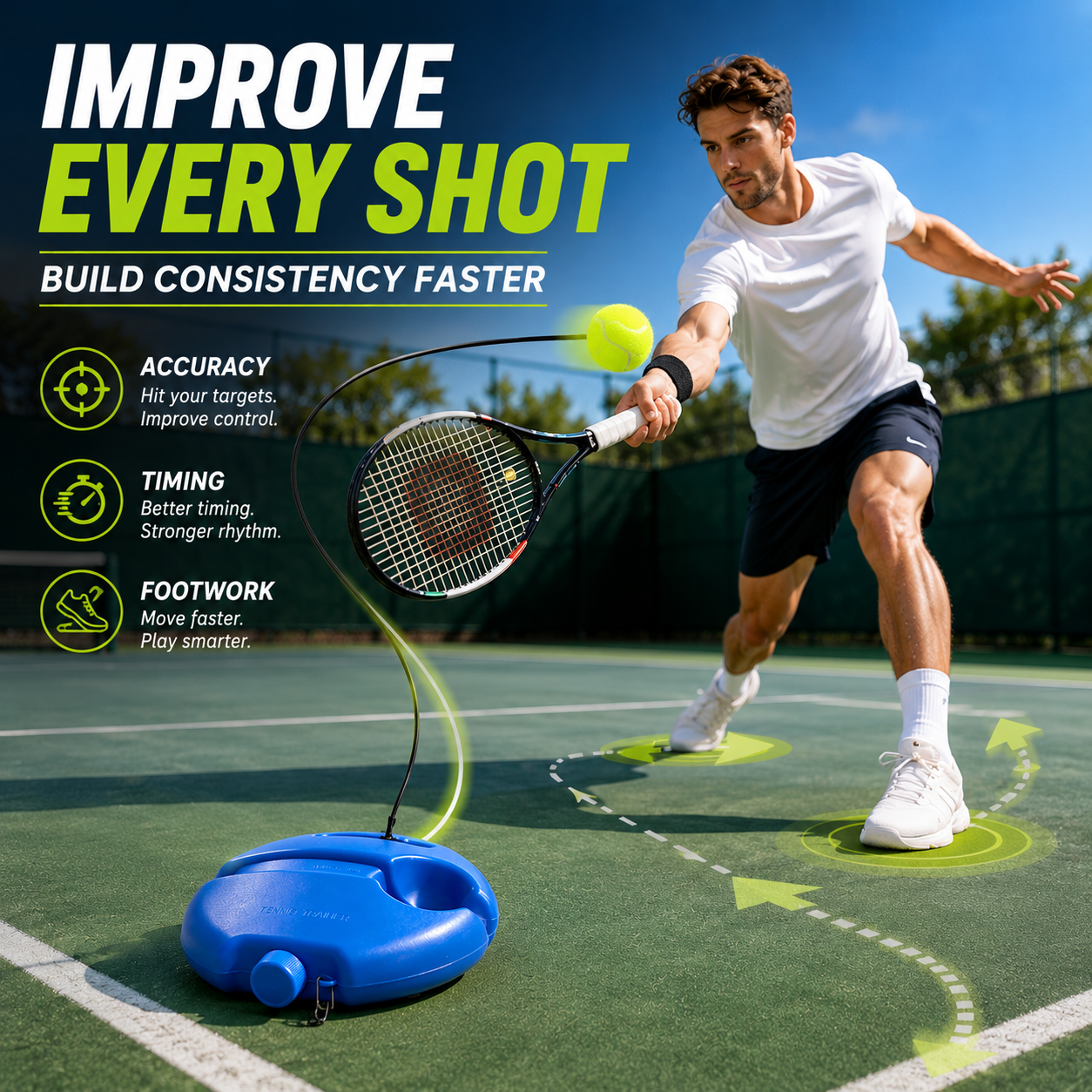 🎾 Solo Tennis Trainer Rebound Set – Practice Anytime, No Partner Needed，3 Balls