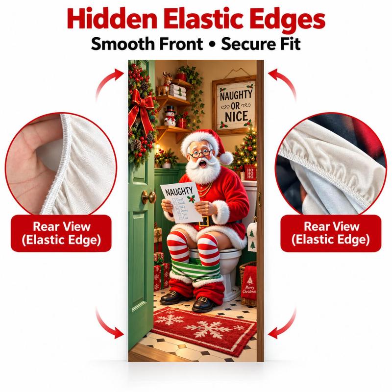 Christmas Door Cover - Santa & Reindeer Stretch Fabric Door Banner with 4-Side Elastic Edges