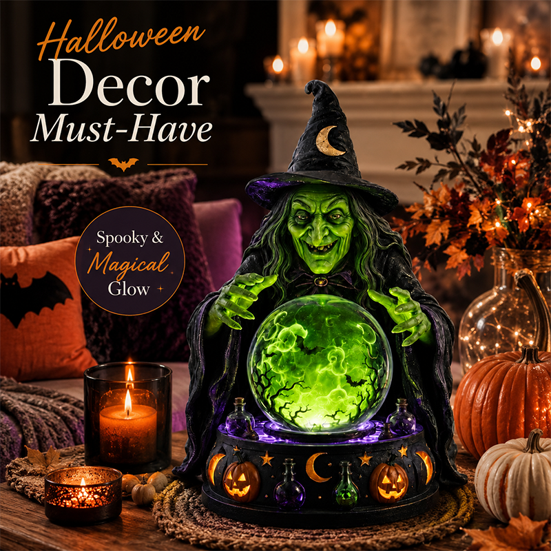 🔮🧙‍♀️Mystic Witch Crystal Ball Tabletop Lamp | Glowing Emerald LED Fortune Teller Statue with Spooky Sound, Swirling Bat Mist & Hand-Painted Resin Detail