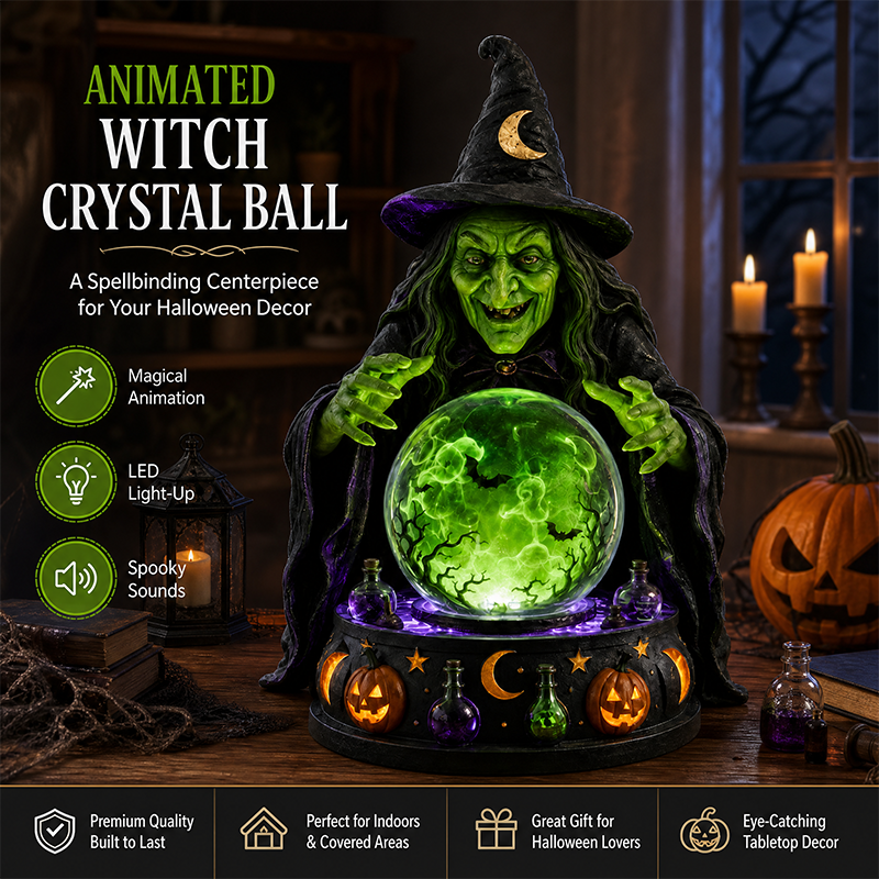 🔮🧙‍♀️Mystic Witch Crystal Ball Tabletop Lamp | Glowing Emerald LED Fortune Teller Statue with Spooky Sound, Swirling Bat Mist & Hand-Painted Resin Detail