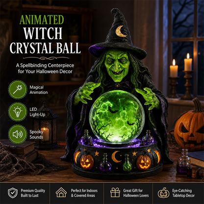 🔮🧙‍♀️Mystic Witch Crystal Ball Tabletop Lamp | Glowing Emerald LED Fortune Teller Statue with Spooky Sound, Swirling Bat Mist & Hand-Painted Resin Detail