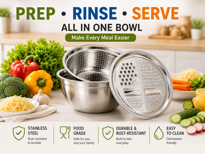 🎁3-in-1 Stainless Steel Grater Bowl & Colander Set