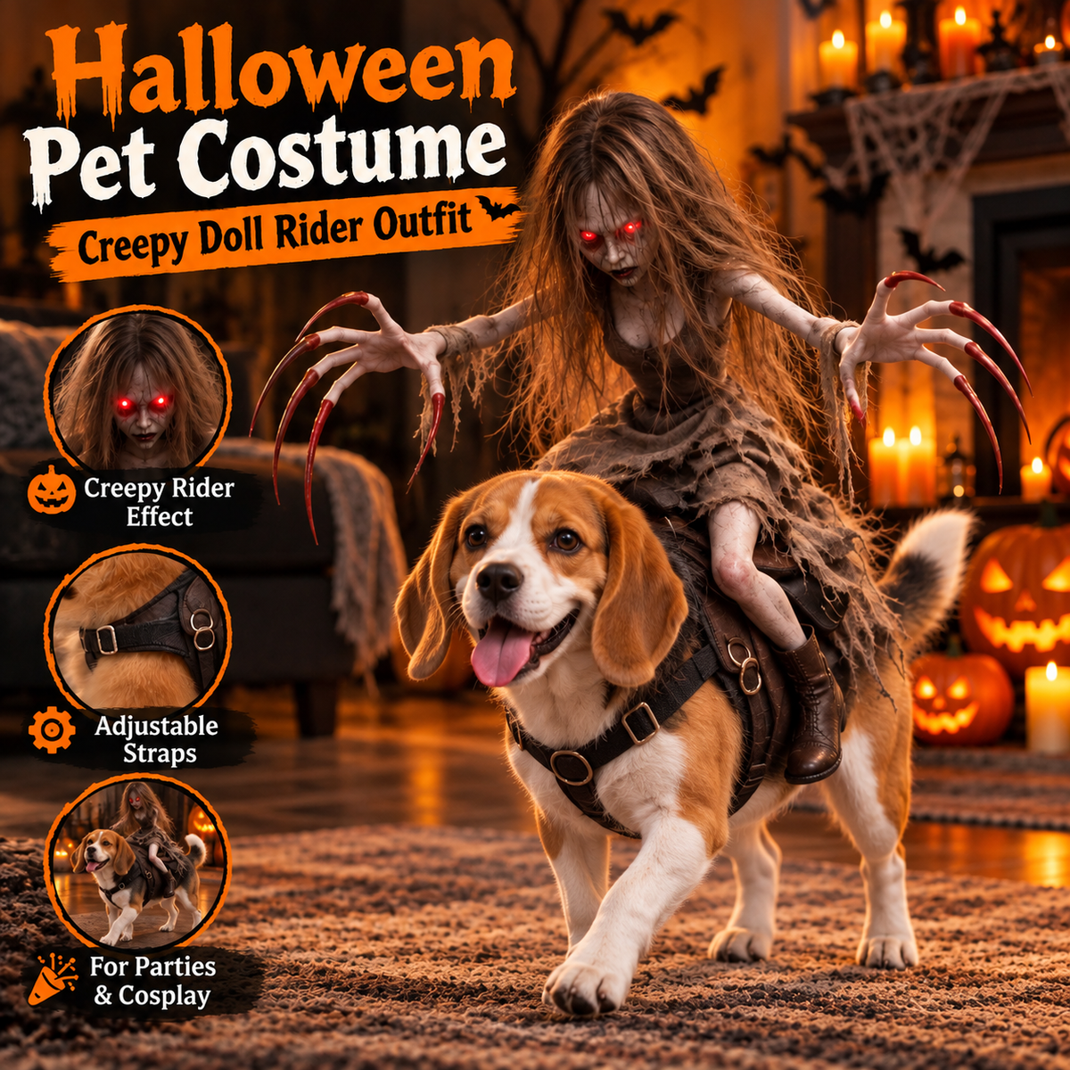 🎃 Creepy Doll Rider Halloween Pet Costume – Spooky Dog Harness Outfit 👻