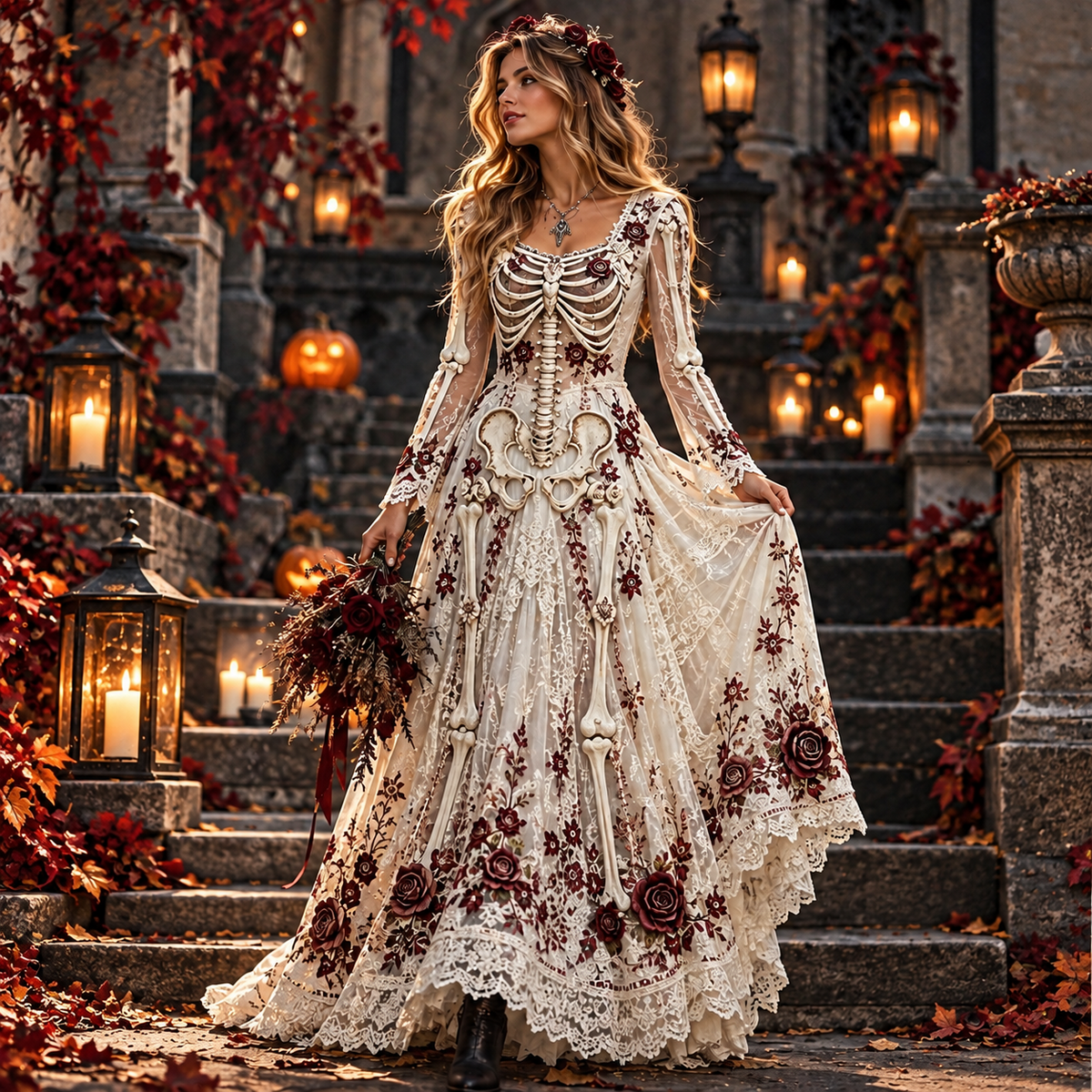 🎃Halloween Deal 49% OFF☠️Women's Gothic Skull & Rose Print Soft Fabric Maxi Dress