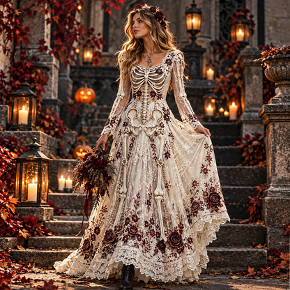 🎃Halloween Deal 49% OFF☠️Women's Gothic Skull & Rose Print Soft Fabric Maxi Dress