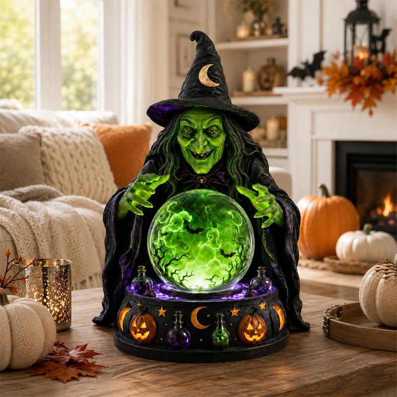 🔮🧙‍♀️Mystic Witch Crystal Ball Tabletop Lamp | Glowing Emerald LED Fortune Teller Statue with Spooky Sound, Swirling Bat Mist & Hand-Painted Resin Detail