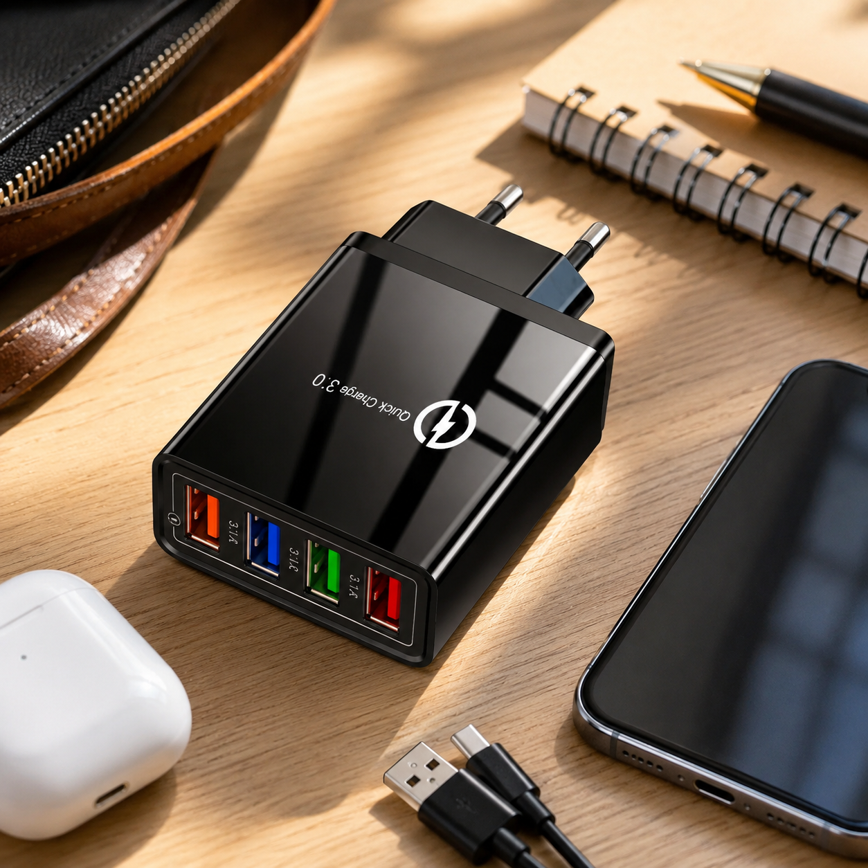 ⚡4-Port USB Wall Charger Block – Quick Charge 3.0 Multi-Port Power Adapter for iPhone, AirPods, Apple Watch & Power Bank