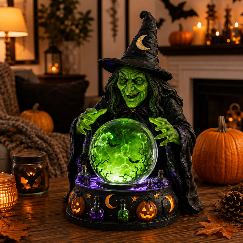 🔮🧙‍♀️Mystic Witch Crystal Ball Tabletop Lamp | Glowing Emerald LED Fortune Teller Statue with Spooky Sound, Swirling Bat Mist & Hand-Painted Resin Detail