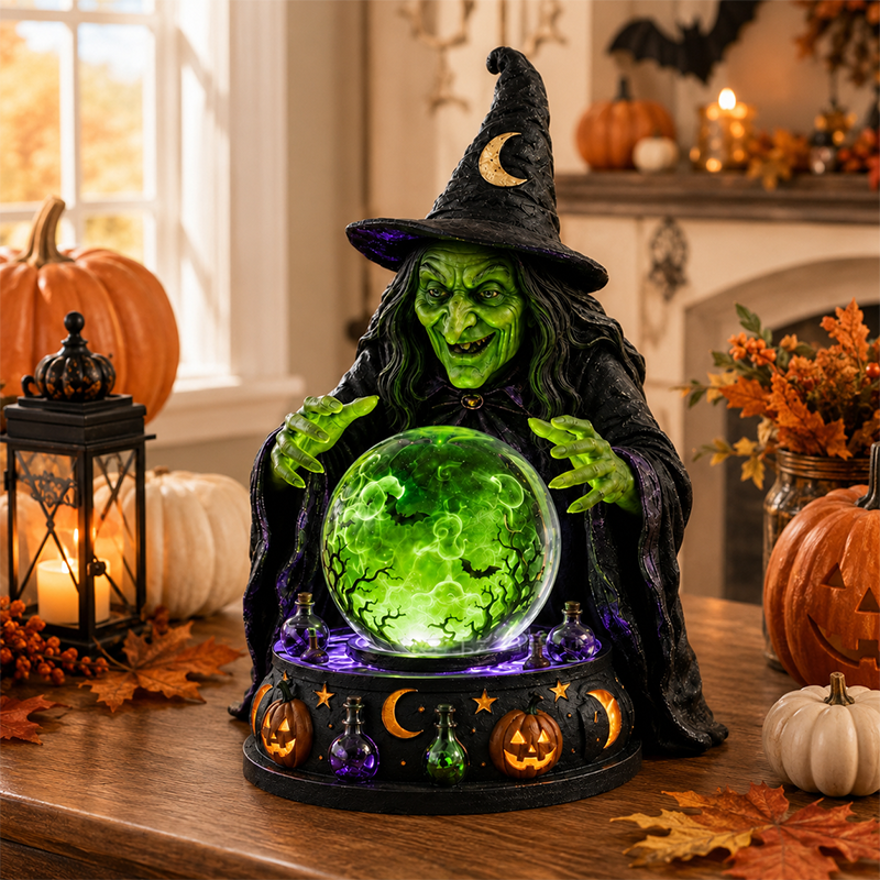🔮🧙‍♀️Mystic Witch Crystal Ball Tabletop Lamp | Glowing Emerald LED Fortune Teller Statue with Spooky Sound, Swirling Bat Mist & Hand-Painted Resin Detail
