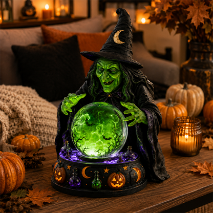 🔮🧙‍♀️Mystic Witch Crystal Ball Tabletop Lamp | Glowing Emerald LED Fortune Teller Statue with Spooky Sound, Swirling Bat Mist & Hand-Painted Resin Detail