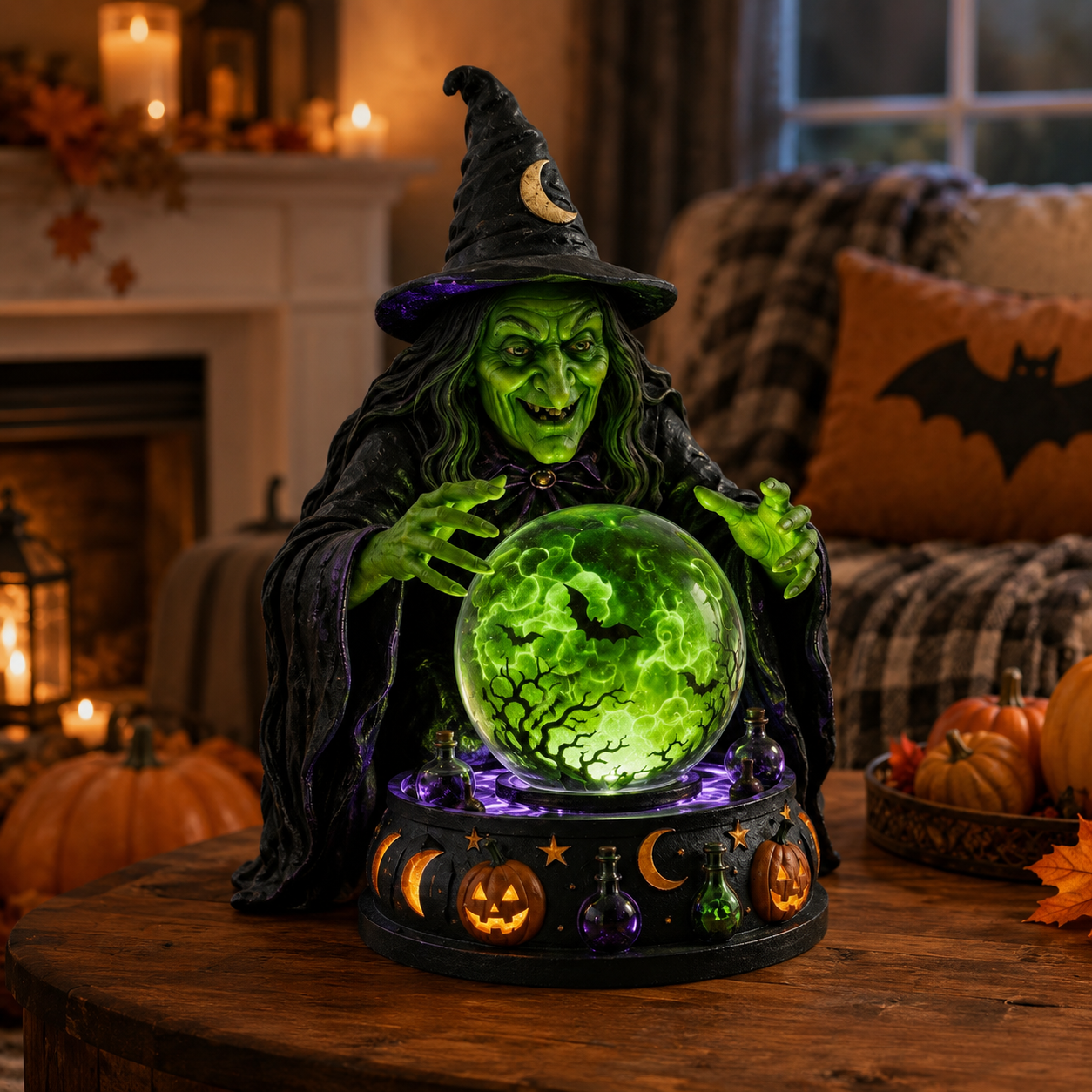 🔮🧙‍♀️Mystic Witch Crystal Ball Tabletop Lamp | Glowing Emerald LED Fortune Teller Statue with Spooky Sound, Swirling Bat Mist & Hand-Painted Resin Detail
