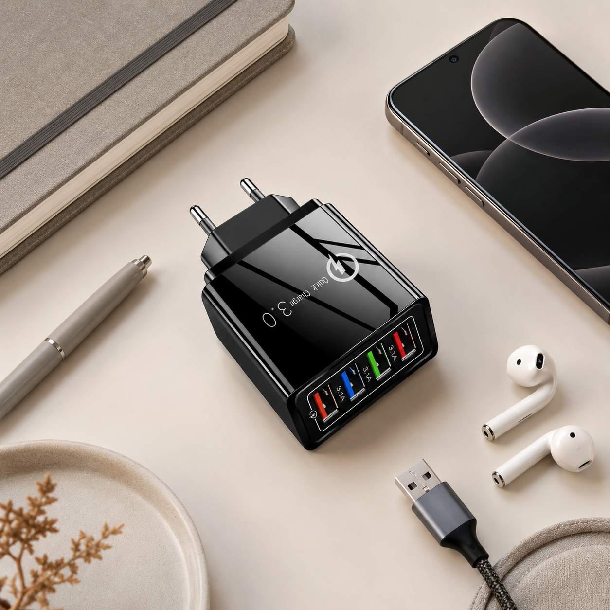 ⚡4-Port USB Wall Charger Block – Quick Charge 3.0 Multi-Port Power Adapter for iPhone, AirPods, Apple Watch & Power Bank