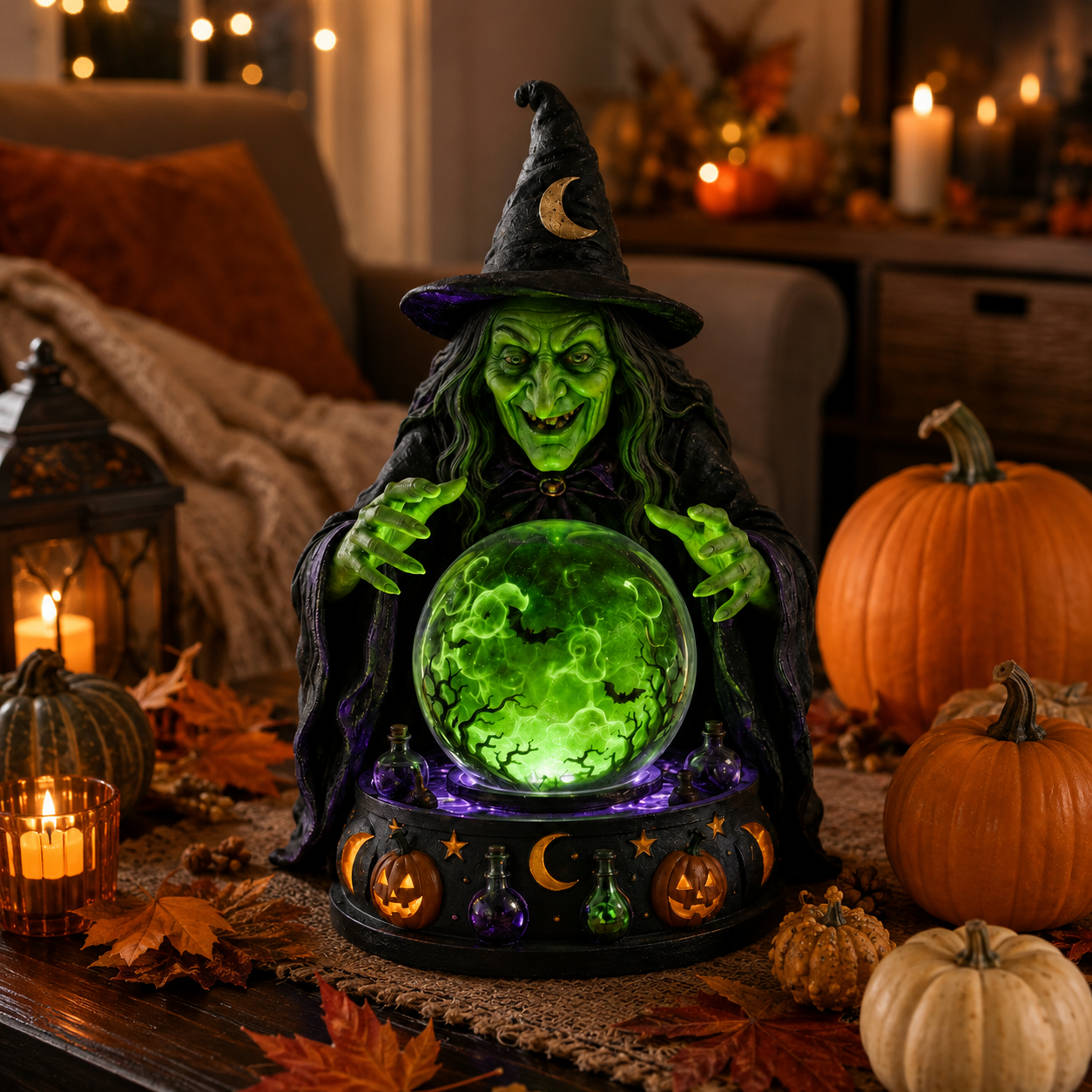🔮🧙‍♀️Mystic Witch Crystal Ball Tabletop Lamp | Glowing Emerald LED Fortune Teller Statue with Spooky Sound, Swirling Bat Mist & Hand-Painted Resin Detail