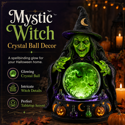 🔮🧙‍♀️Mystic Witch Crystal Ball Tabletop Lamp | Glowing Emerald LED Fortune Teller Statue with Spooky Sound, Swirling Bat Mist & Hand-Painted Resin Detail