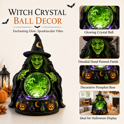 🔮🧙‍♀️Mystic Witch Crystal Ball Tabletop Lamp | Glowing Emerald LED Fortune Teller Statue with Spooky Sound, Swirling Bat Mist & Hand-Painted Resin Detail