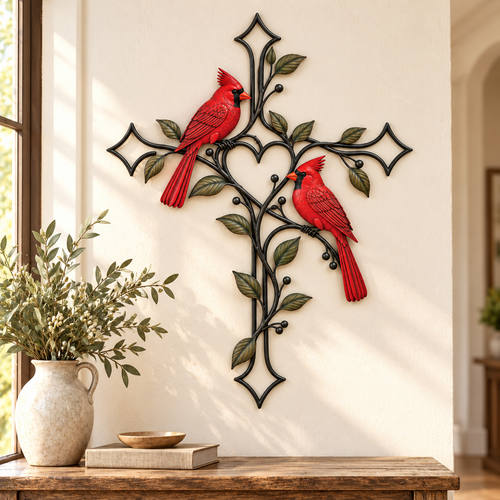 ❤️🐦 Love Stays Close – Cardinal Heart Cross Wall Decor