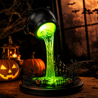 🧙‍♀️Spilling Green Witch Cauldron Desk Lamp | Floating Magic Potion Ambient Light with Miniature Gothic Castle & Glowing Pumpkins (10")