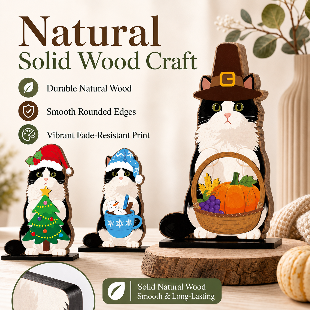 🐾 Interchangeable Wooden Cat Seasonal Desk Sign (27-Pcs Set)