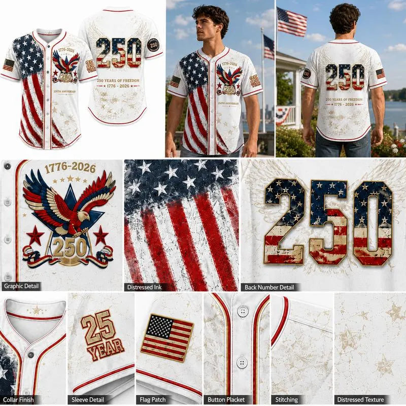 Men's USA 250th Anniversary Baseball Jersey Patriotic American Flag Eagle Button Down Shirt 1776-2026