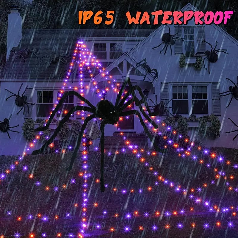 🔥Light-Up Halloween Spider Web Decor with Timer – Waterproof Purple & Orange LED Spooky Lights for Lawn & Outdoor Party