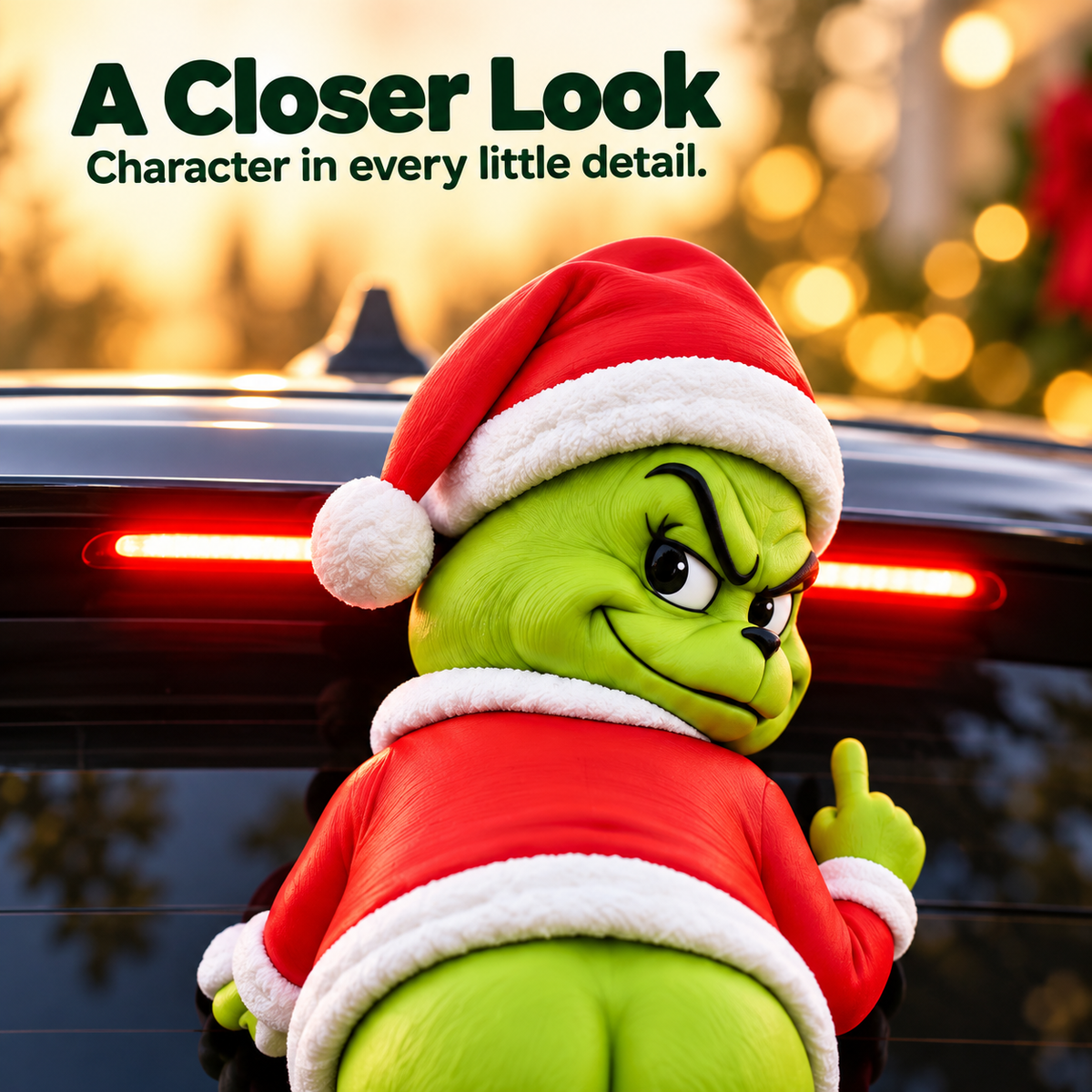 Funny Grinch-style Christmas ornament mounted on a car rear window