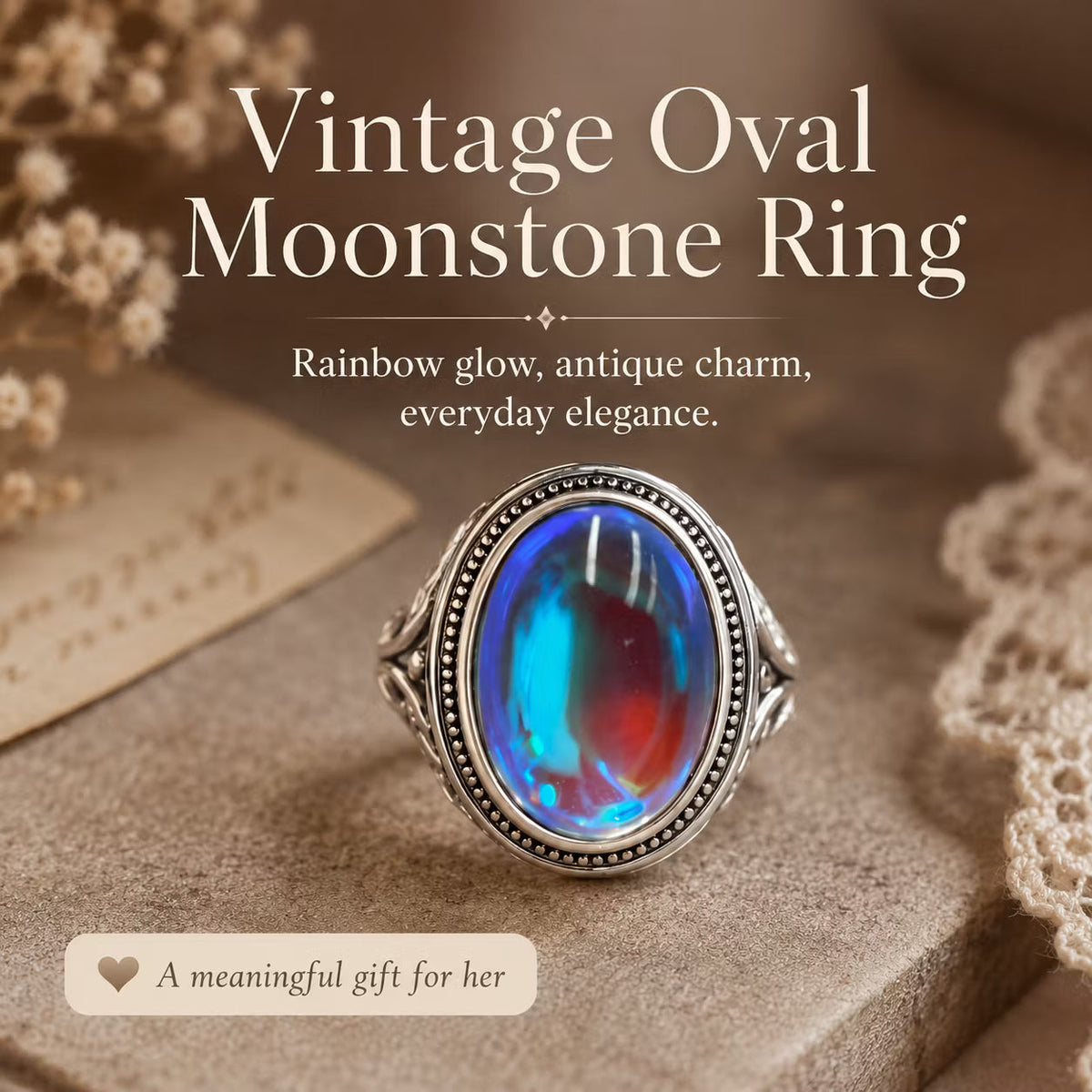 💎Vintage Rainbow Moonstone Ring-Oval Cabochon Filigree Jewelry