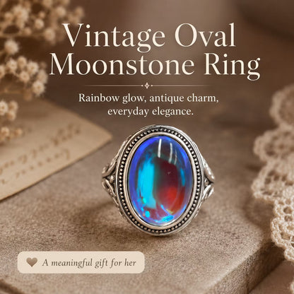 💎Vintage Rainbow Moonstone Ring-Oval Cabochon Filigree Jewelry