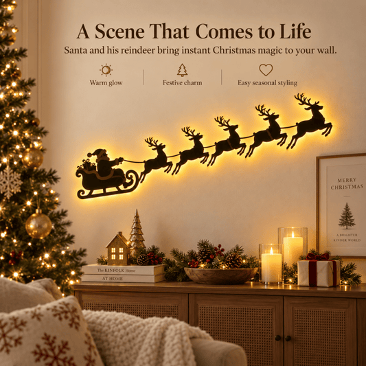 LED Christmas Santa Sleigh Wall Art, Illuminated Reindeer Silhouette Metal Sign, Warm Backlit Holiday Wall Decor