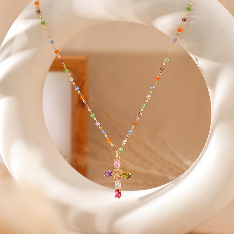 🌈 Rainbow Crystal Cross Pendant Necklace, Dopamine Colorful Beaded Gold Plated Clavicle Chain for Women